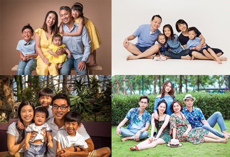 Tạo dáng chụp ảnh gia đình 5 người tự nhiên, phóng khoáng