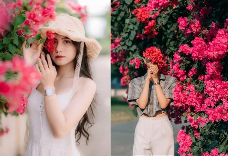 Lấy nhành hoa giấy che mặt