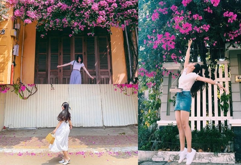 Tạo dáng tinh nghịch bên giàn hoa