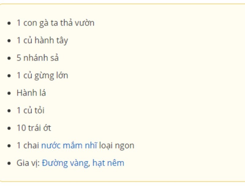 nguyên liệu của gà tắm nước mắm