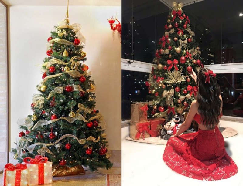 Trang trí cây thông Noel với dây tua rua đỏ bắt mắt