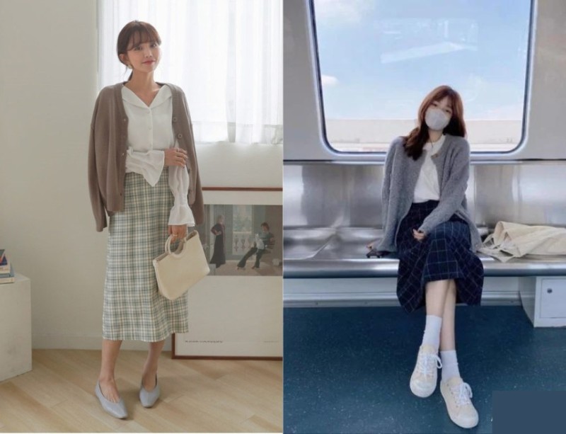 Áo cardigan cùng chân váy gingham