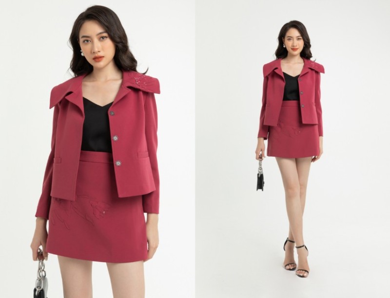 Áo khoác đính hoa nổi và chân váy chữ A tôn dáng