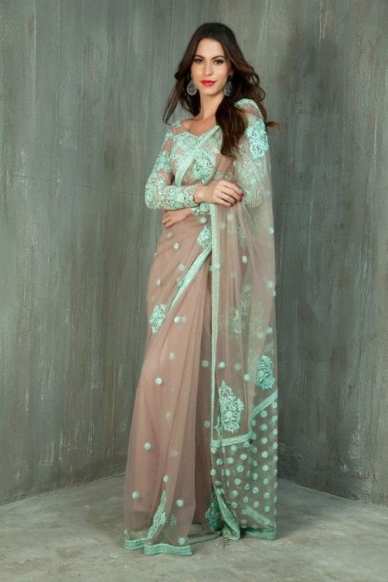 Saree xanh châu Âu và màu be