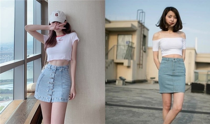 Chân váy jeans chữ A mặc cùng áo croptop tạo nên sự năng động, dễ thương
