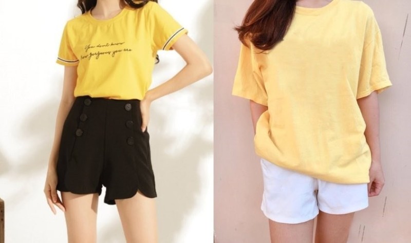 Áo thun vàng kết hợp quần short ngắn