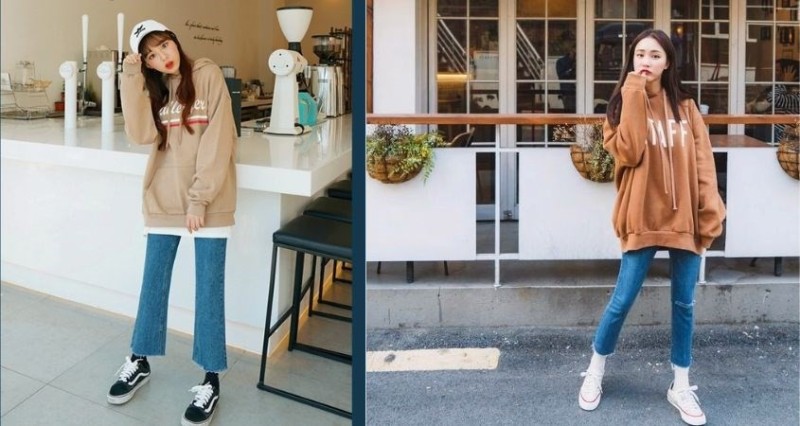 Áo hoodie unisex phối với quần jean phù hợp cho cả đi chơi và đi học