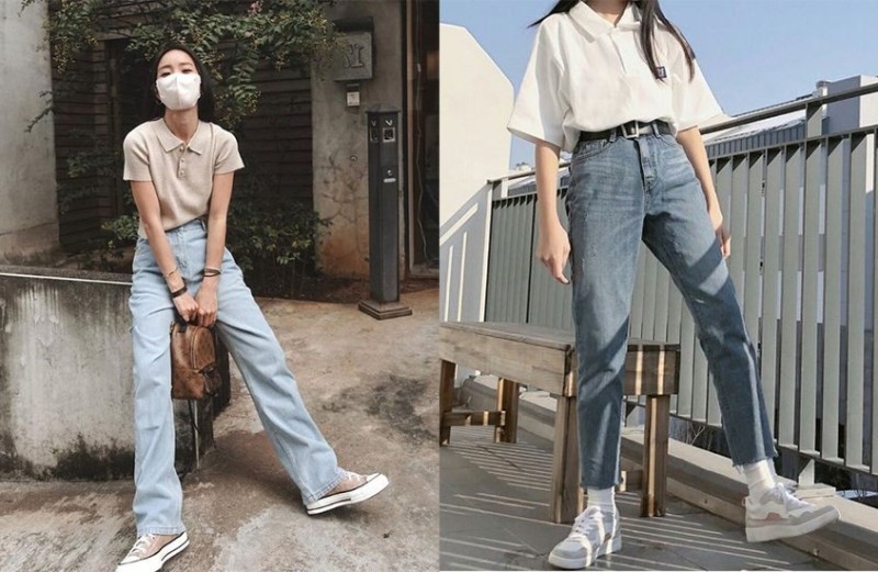 Phối áo thun có cổ với quần jeans