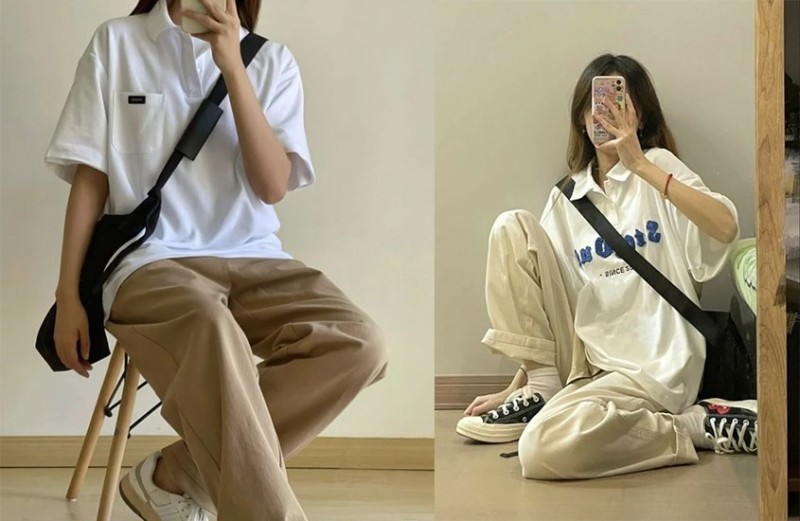 Phối áo thun có cổ với quần kaki