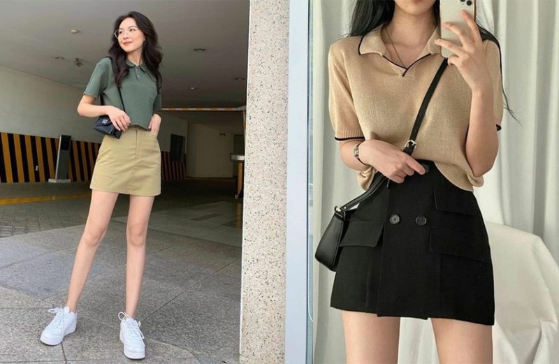 Phối áo thun có cổ với chân váy