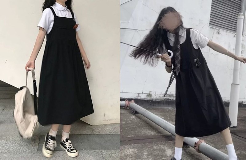 Phối áo thun có cổ với đầm hai dây