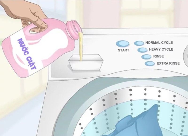 Cho quần áo và nước giặt vào máy giặt.-Bước 1