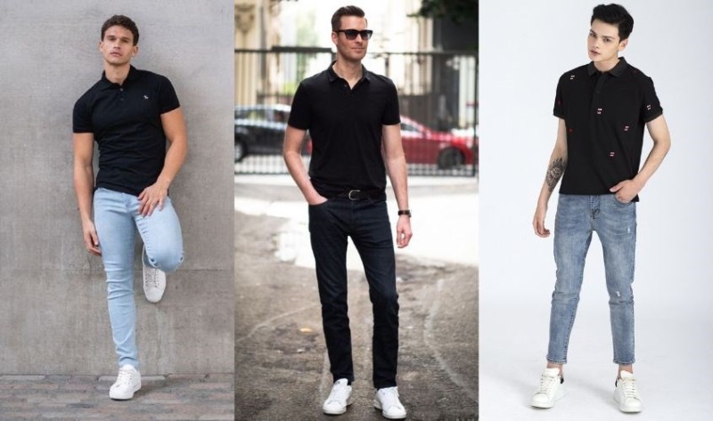 Phối áo polo đen với quần jean