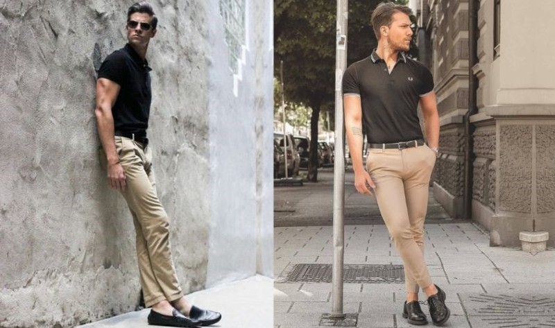Phối áo polo đen với quần kaki