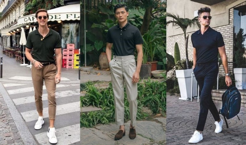 Phối áo polo đen với quần âu