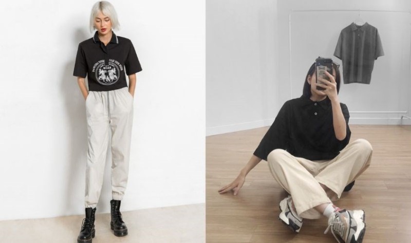 Phối áo polo đen với quần baggy