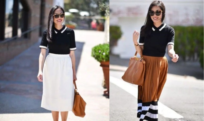 Phối áo polo đen với chân váy 