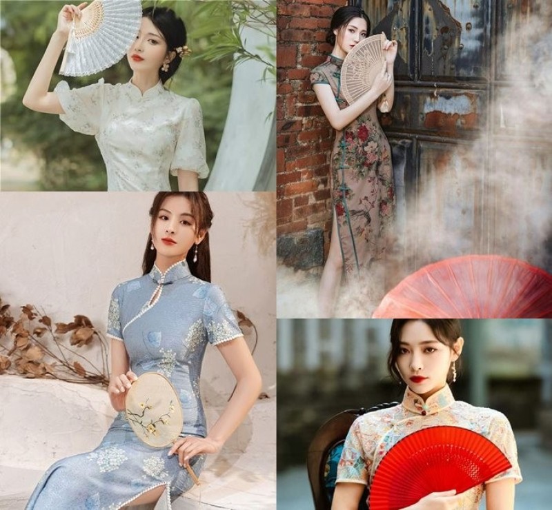 Tạo dáng chụp ảnh sườn xám với quạt