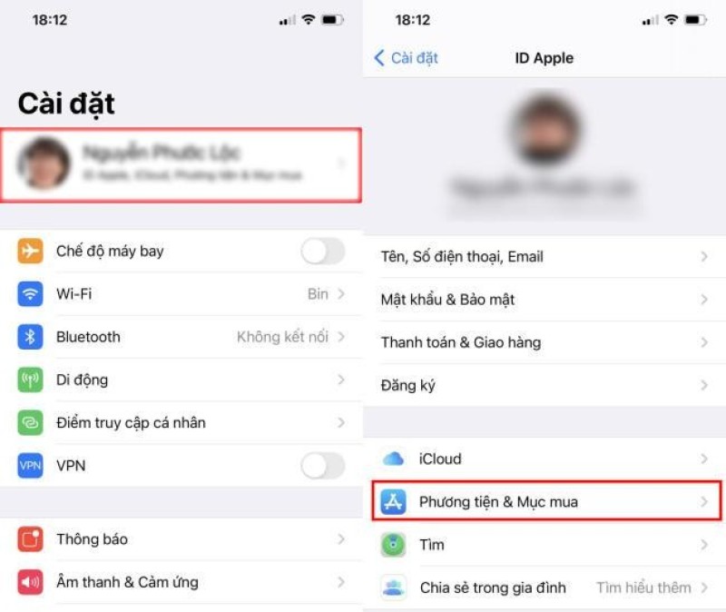 Truy cập vào Apple ID trên điện thoại iPhone và chọn Phương tiện