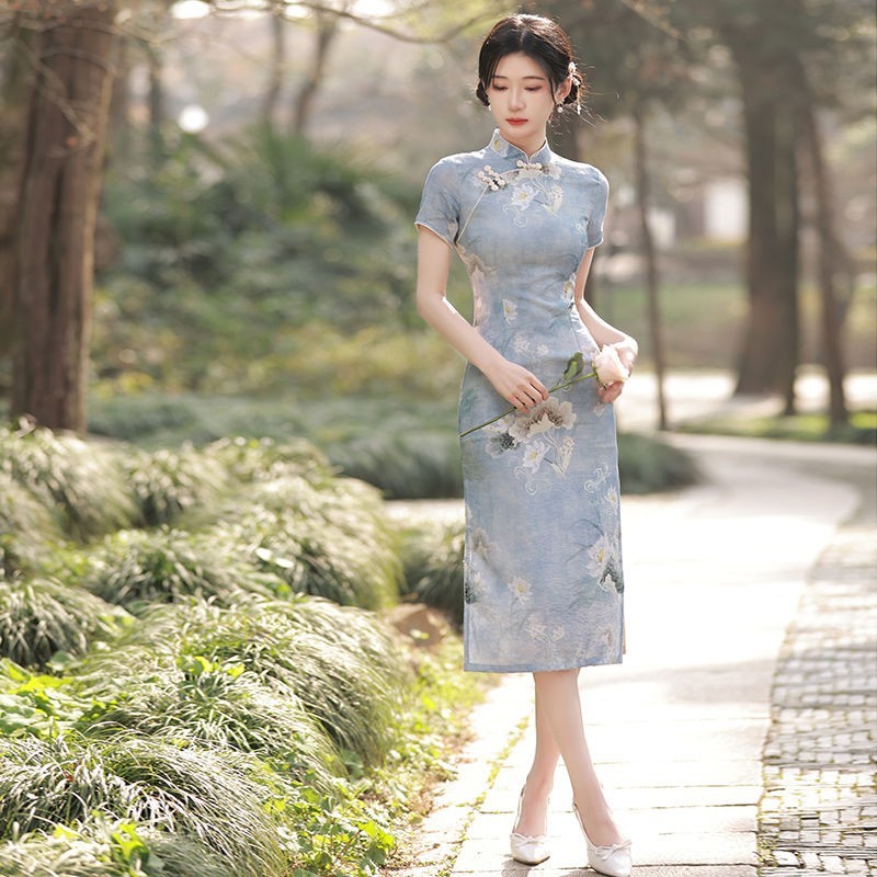 Simple Elegant Slim Qipao Women Vintage Floral Style Cheongsam Traditional  Short Sleeve Young Girl Chinese Dress Modern New - Cheongsams - AliExpress