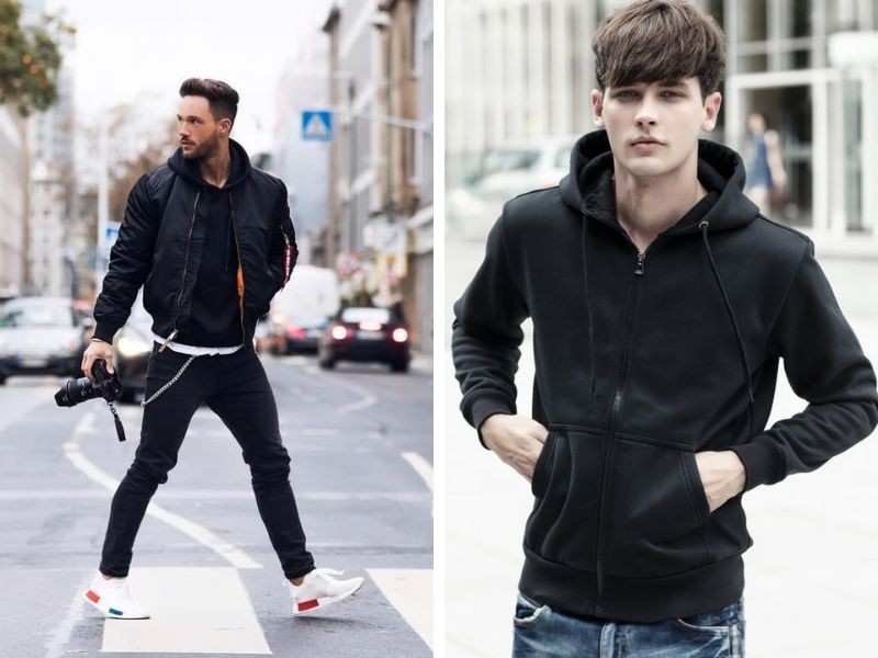Phối áo khoác đen cùng với hoodie trẻ trung, năng động (ảnh: sưu tầm)