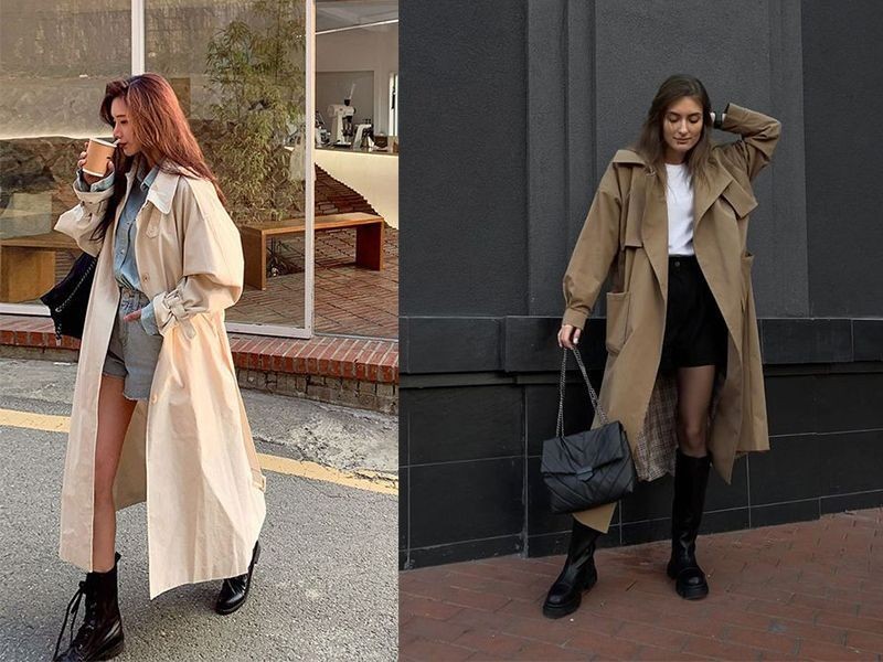 Phối chân váy đen với áo khoác trench