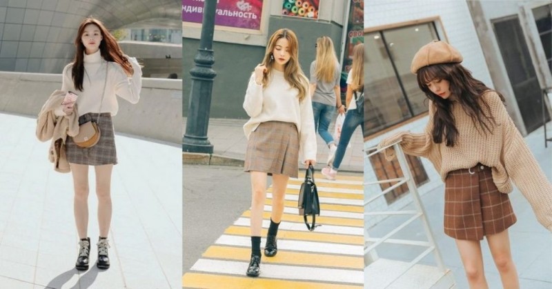 Chân váy ngắn với áo len