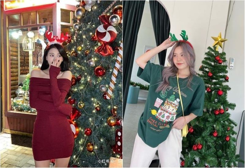 Tạo dáng chụp đứng cạnh cây thông Noel