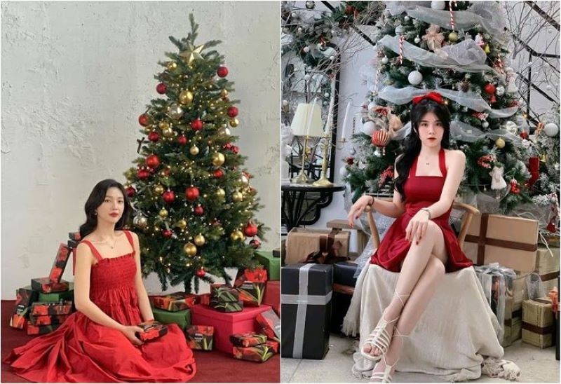 Tạo dáng chụp ảnh ngồi ảnh cây thông Noel