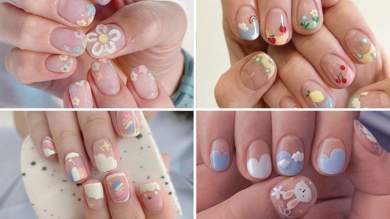 Mẫu nail trong suốt họa tiết đáng yêu