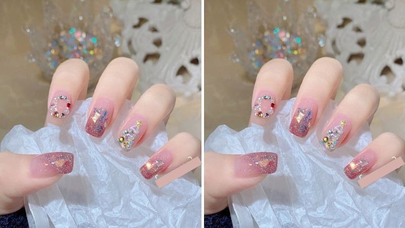 Một trong những mẫu nail được phổ biến hiện nay phải kể đến những mẫu nail Ombre này, sự kết hợp hoàn hảo của sơn nhũ cùng các hạt đá đầy màu sắc sẽ làm cho đôi bàn tay của bạn lấp lánh và rực sáng hơn.