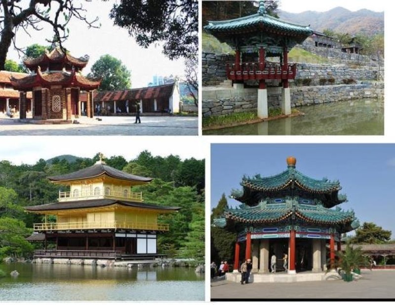 Góc trái trên: Lầu bát giác (nhị trùng thiềm) ở chùa Láng Việt Nam. Góc phải trên: Gác tứ giác toàn tiêm trong cố cung Hàn Quốc Góc trái dưới: Kinkaku mang dạng nhị trùng thiềm tứ giác toàn tiêm của Nhật. Góc phải dưới: lầu bát giác nhị trung thiềm của Trung Quốc.