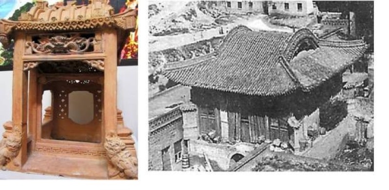 (Trái) Quyển Bằng thời Trần khắc họa qua mô hình đất nung. (Phải) Quyển Bằng kiểu Tống.