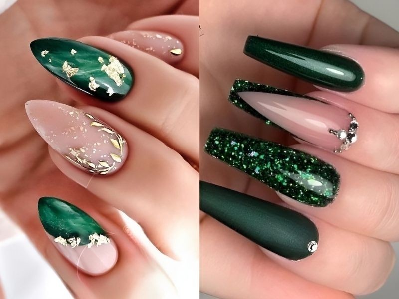 mẫu nail xanh lá đính đá