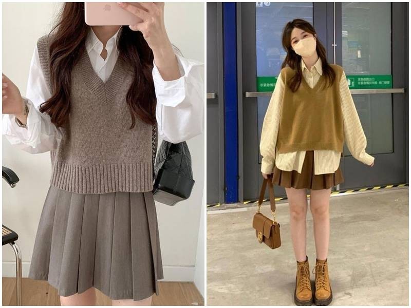 Áo len phối với chân váy  