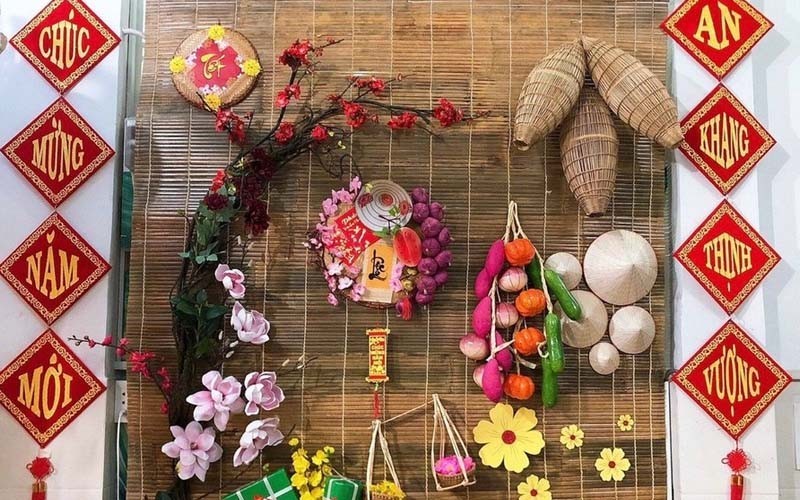 Mành tre liễn cành đào lớn
