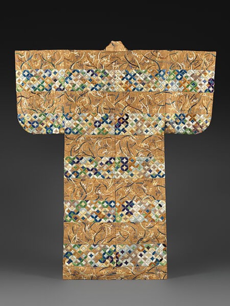 Noh Costume (Nuihaku) with Orchids and Interlinked Circles, Plain-weave silk with gold- and silver-leaf application and silk embroidery, Japan