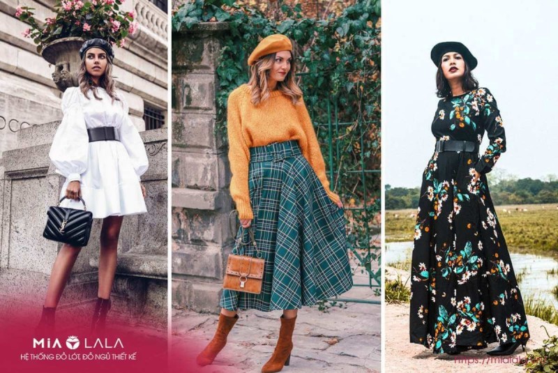 Đầm hoa + áo len + mũ beret