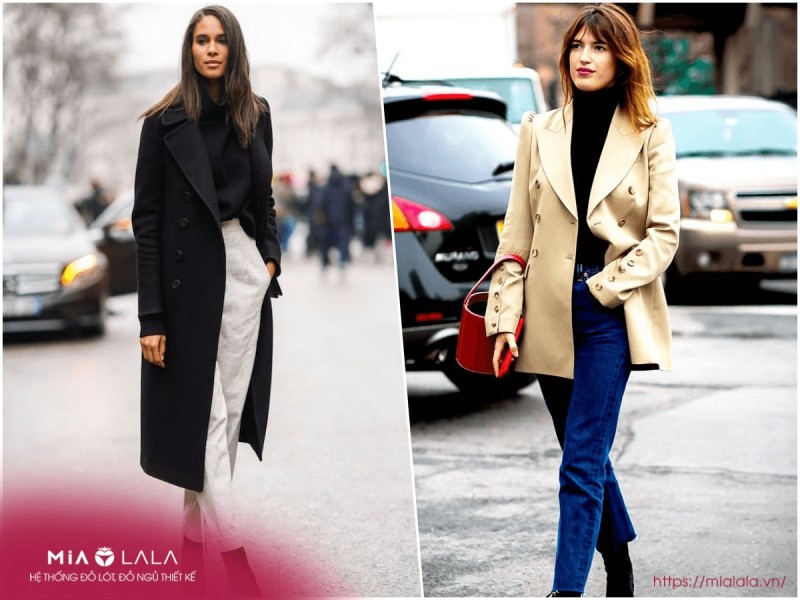 Áo len cổ lọ + áo khoác dạ + quần jeans