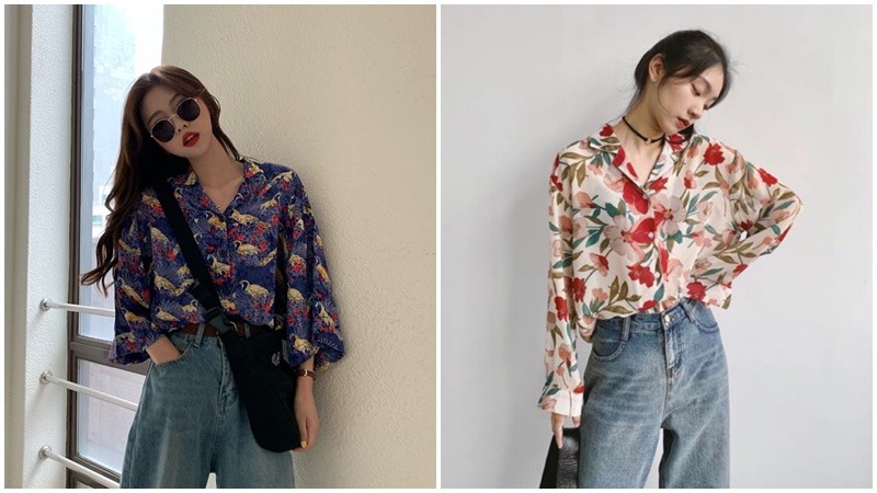 Sơ mi hoạ tiết + Quần jean
