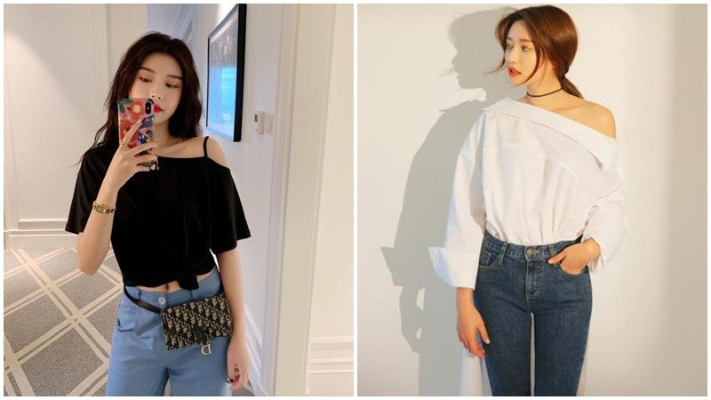 Áo lệch vai phối jeans