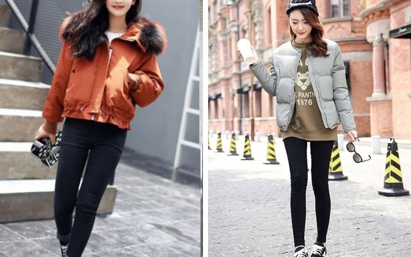 Áo phao với quần skinny jean