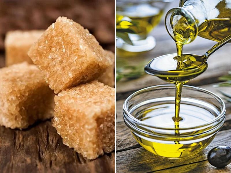 Đường nâu và dầu oliu là hai nguyên liệu tẩy da chết tóc an toàn