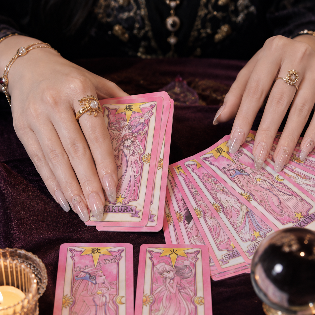Bàn tay đang xòe bài tarot trên thảm nhung mượt mà và chuyên nghiệp