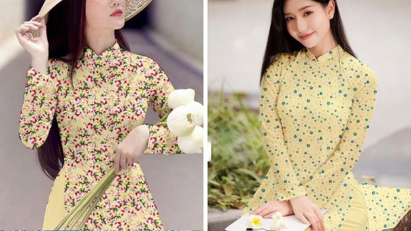 Áo dài hoa nhí lụa vàng thướt vàng