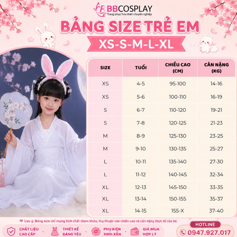 Bảng Size cho bé tham khảo của BBCOSPLAY