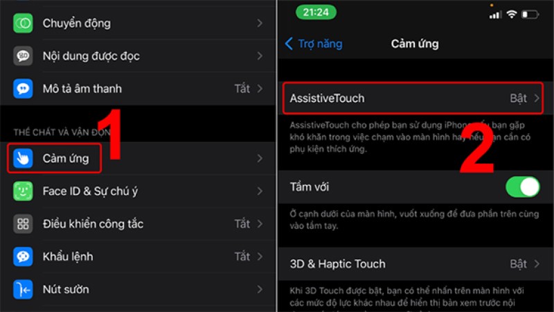 Chọn Cảm ứng → AssistiveTouch (Nguồn: Internet)