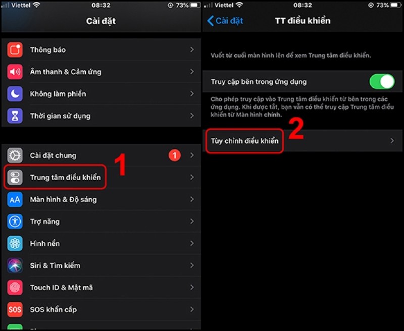 Mở Cài đặt → Trung tâm điều khiển