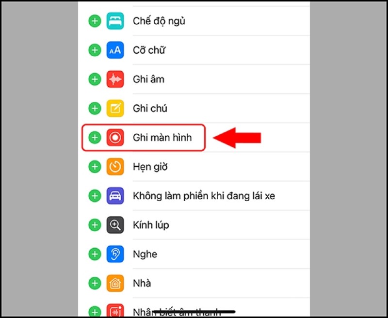 Nhấn vào + để thêm Ghi màn hình vào Trung tâm điều khiển