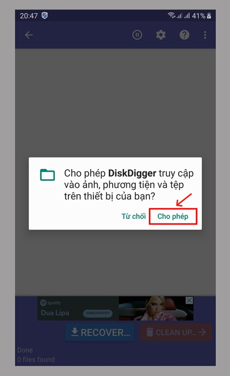 chọn Cho phép và đợi ứng dụng quét dữ liệu bên trong máy